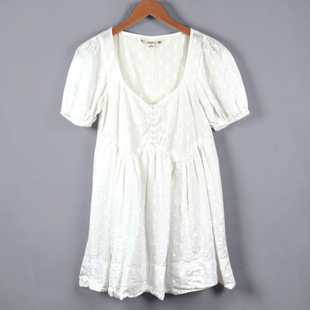 Kimchi Blue Graduation White Dobby Polka Dot Babydoll Mini S Dress Puff Sleeve